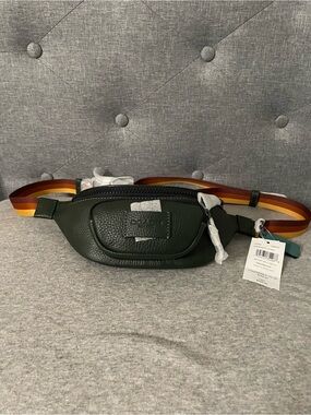 Coach Green Pebble Leather Belt Bag with Multi-Stripe Webbing Strap